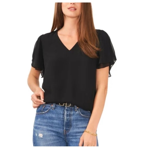 Vince Camuto black top with sheer slit short sleeves - Picture 2 of 9